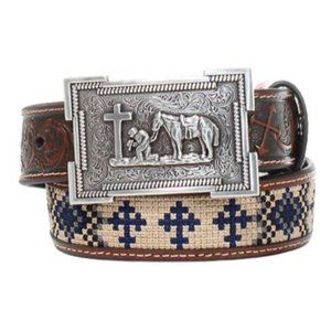 Religious Aztec Embroidery with Navy and Square Belt Buckle Western Brown Belt